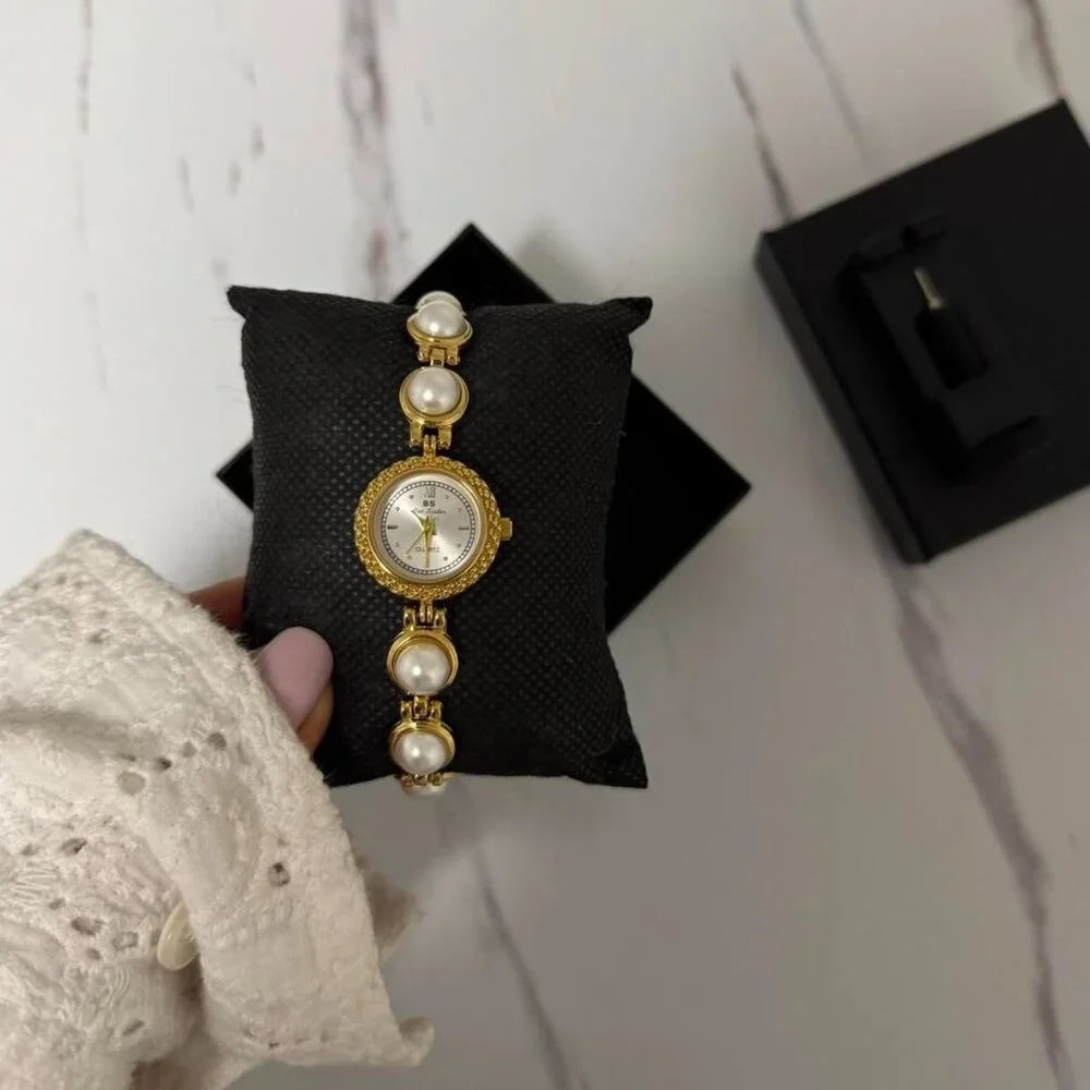 SKU0001 Retro Mini gold silver watch‎ bracelet white pearls Gemstones + gift box